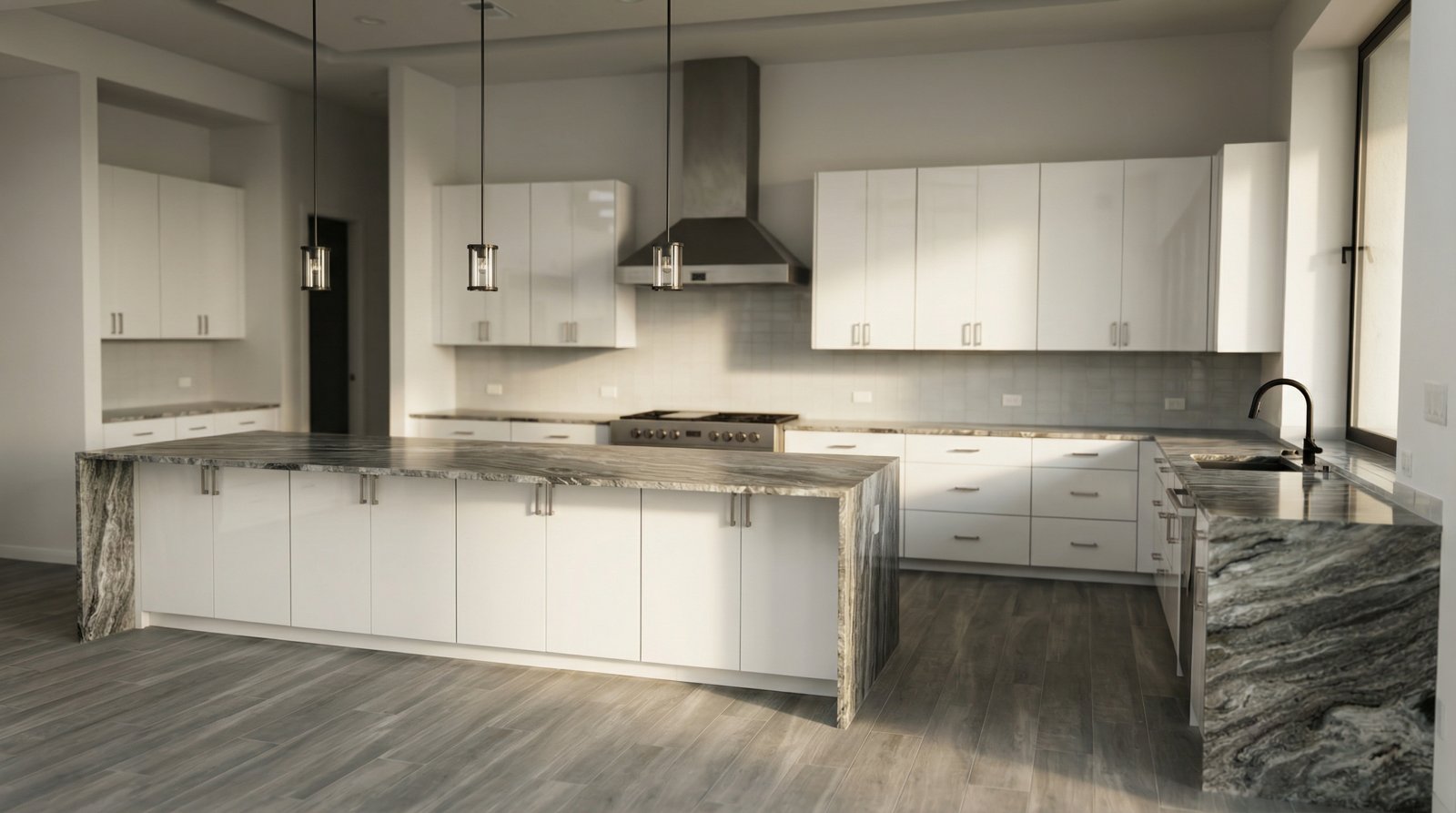 High-Gloss White & Quartz Island