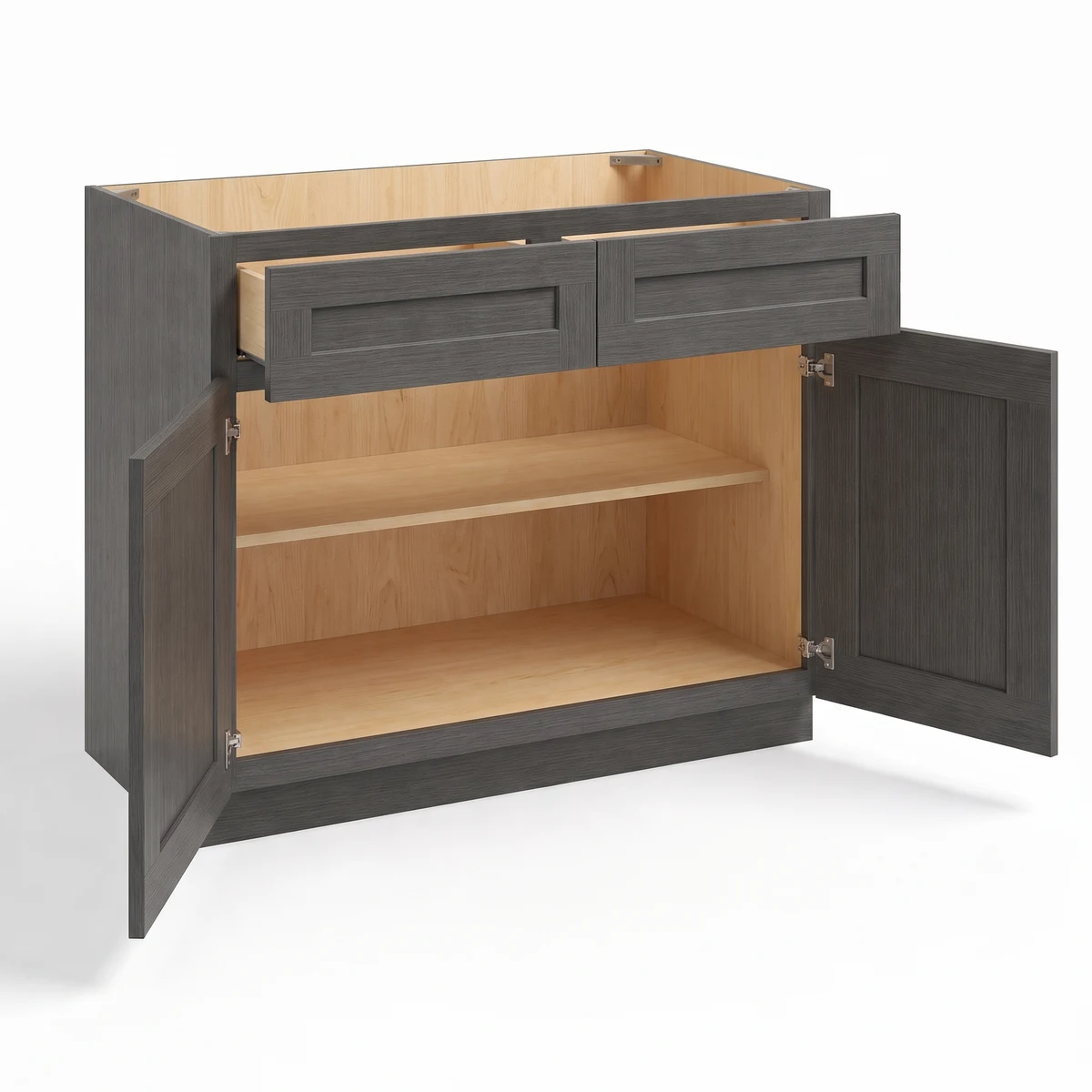 Base Cabinet with Double Doors and Drawers — Charcoal Black, open