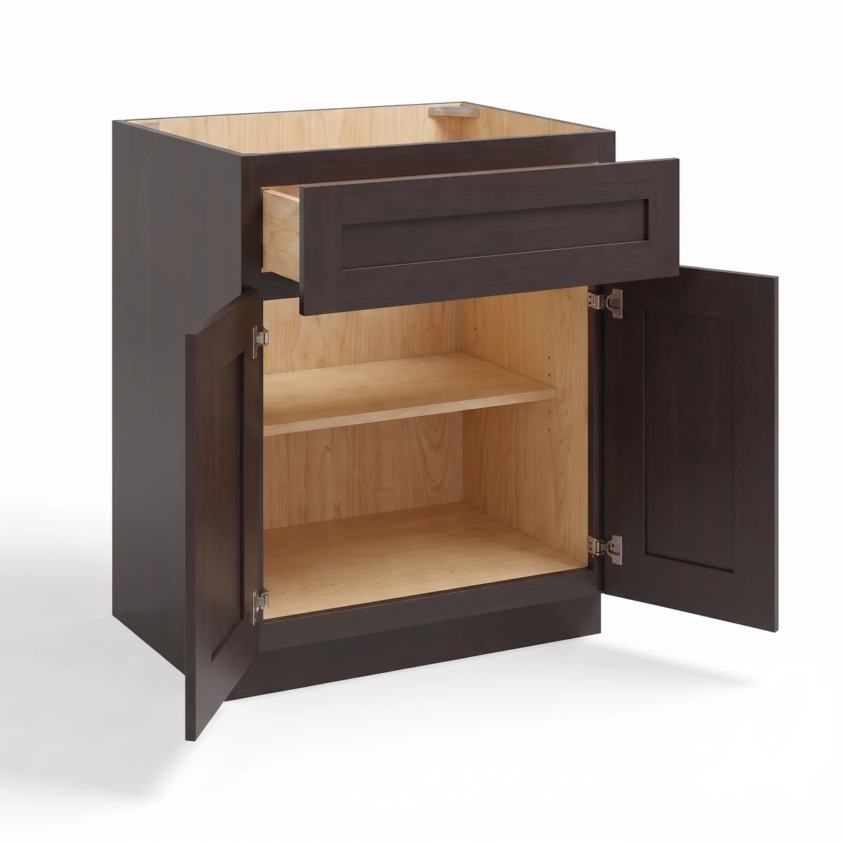 Base Cabinet with Double Doors & Single Drawer — Shaker Espresso, open