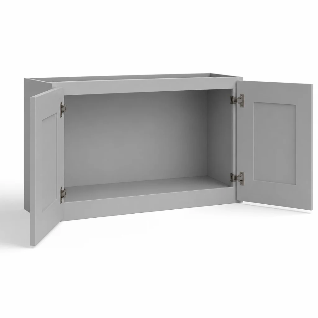 18" H Double Door Wall Cabinet — Shaker Gray, open