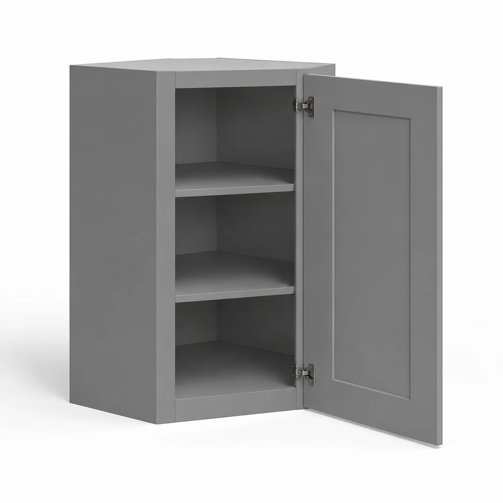 24" Diagonal Corner Wall Cabinet — Shaker Gray, open