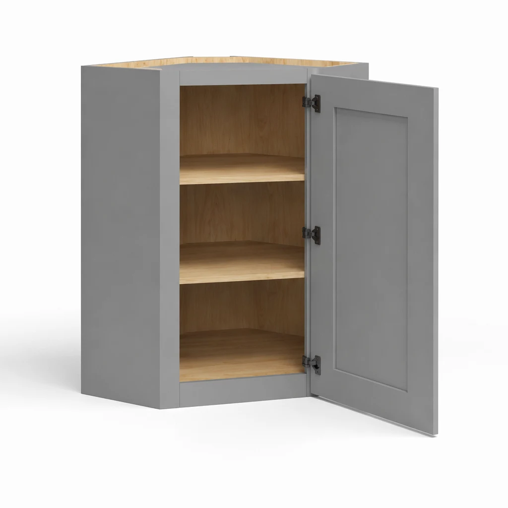 30" H Single Door Wall Cabinet — Shaker Gray, open