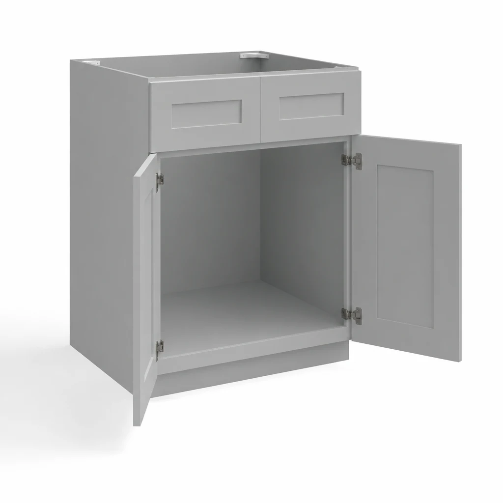 Base Cabinet with Double Doors and Drawers — Shaker Gray, open