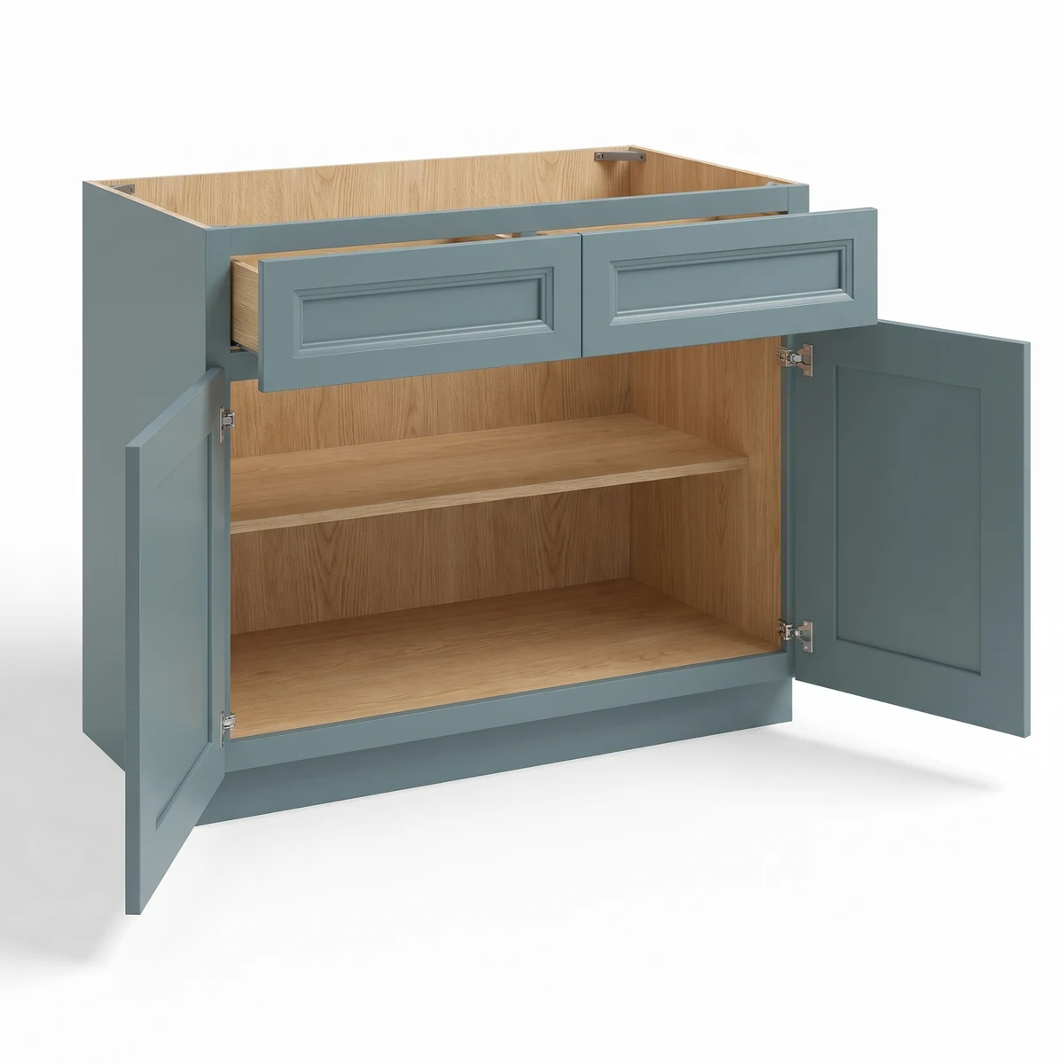 Base Cabinet with Double Doors and Drawers — Sea Glass Green, open