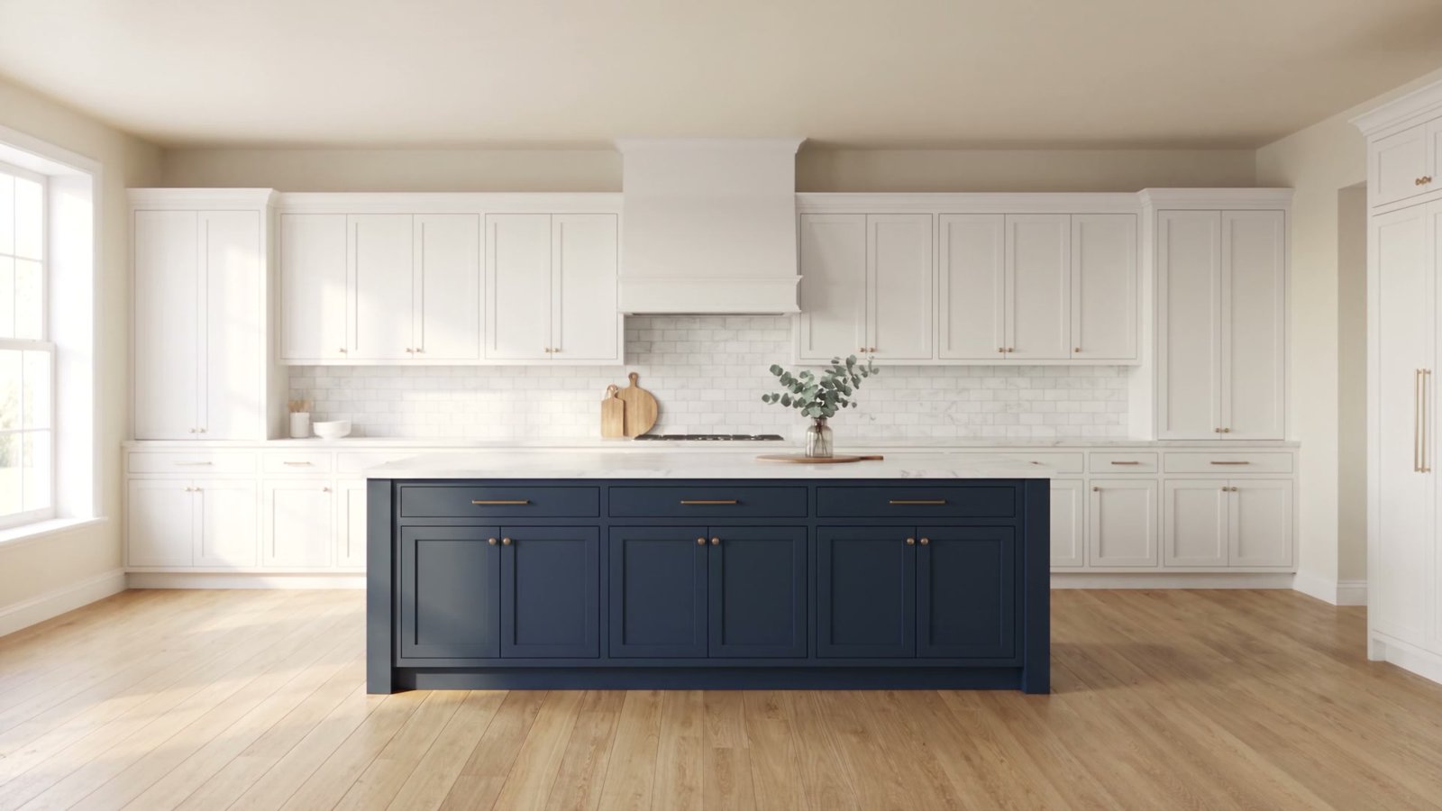 The same kitchen finished, white shaker cabinets and navy island