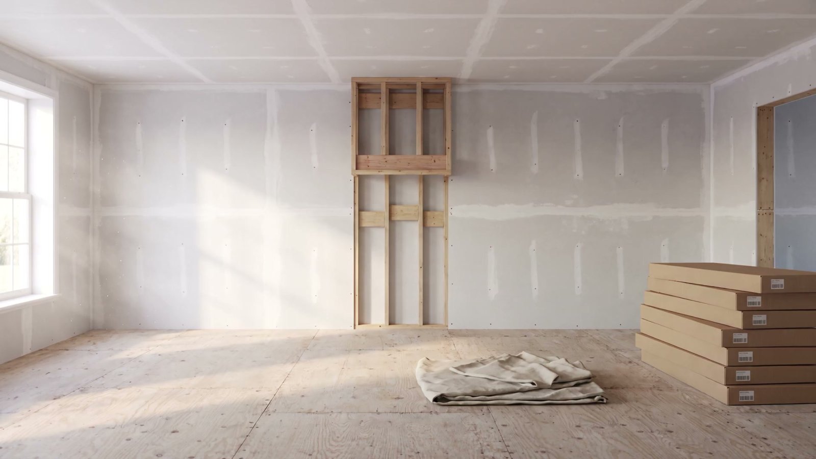 Kitchen space during renovation, cabinets still in flat boxes