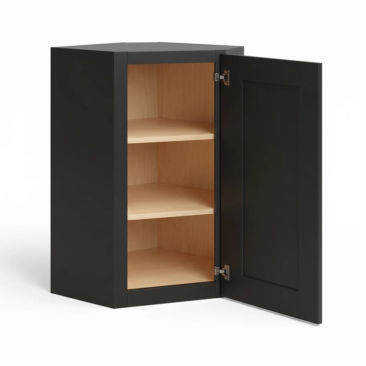 24" Diagonal Corner Wall Cabinet — Black Shaker, open