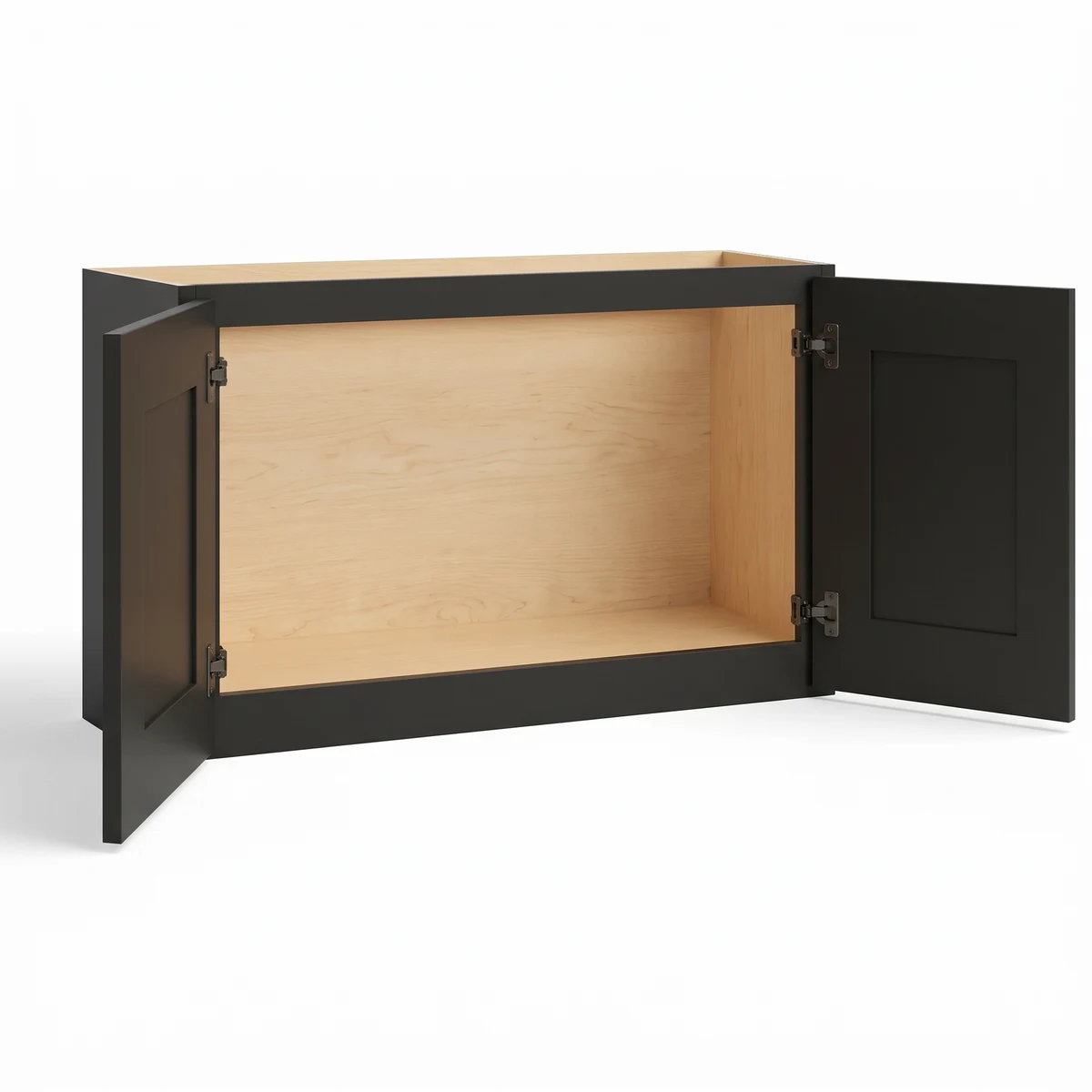 24" H Double Door Wall Cabinet — Black Shaker, open