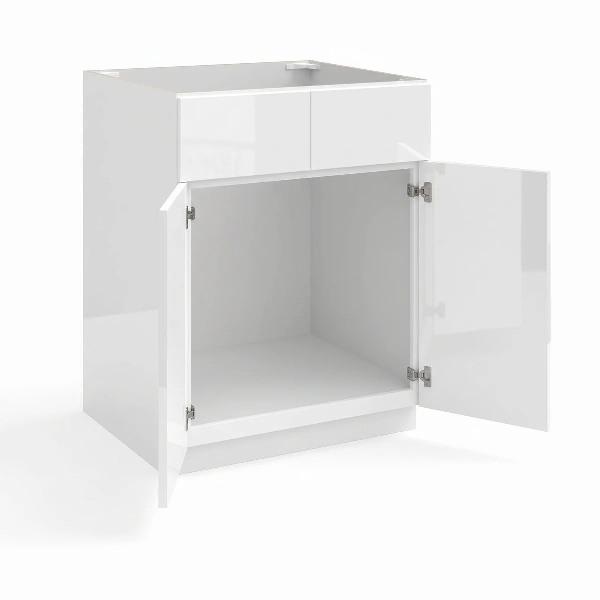 Base Cabinet with Double Doors and Drawers — European High-Gloss White, open