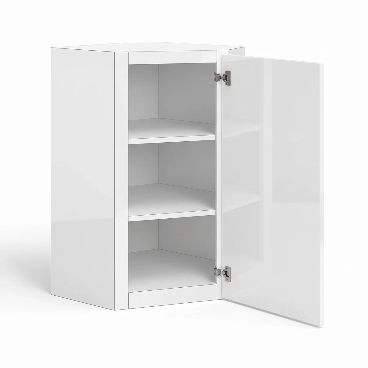 24" Diagonal Corner Wall Cabinet — European High-Gloss White, open