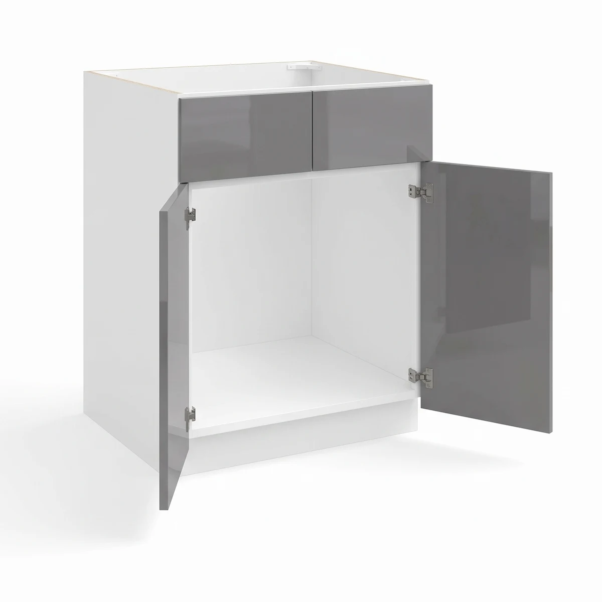 Base Cabinet with Double Doors and Drawers — European High-Gloss Gray, open
