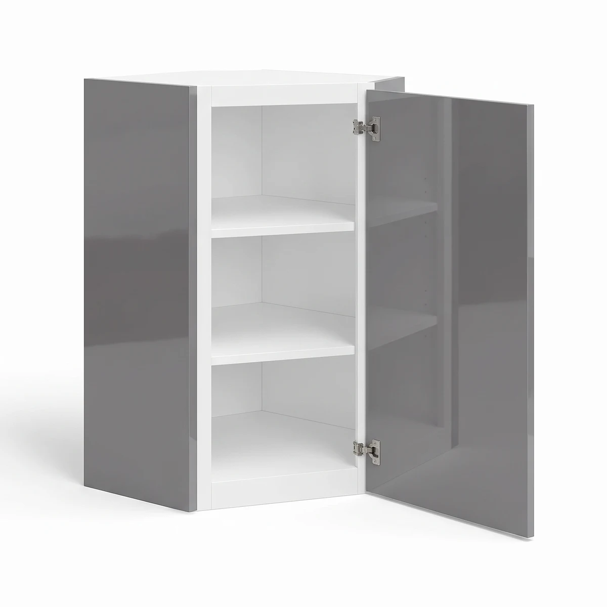 24" Diagonal Corner Wall Cabinet — European High-Gloss Gray, open