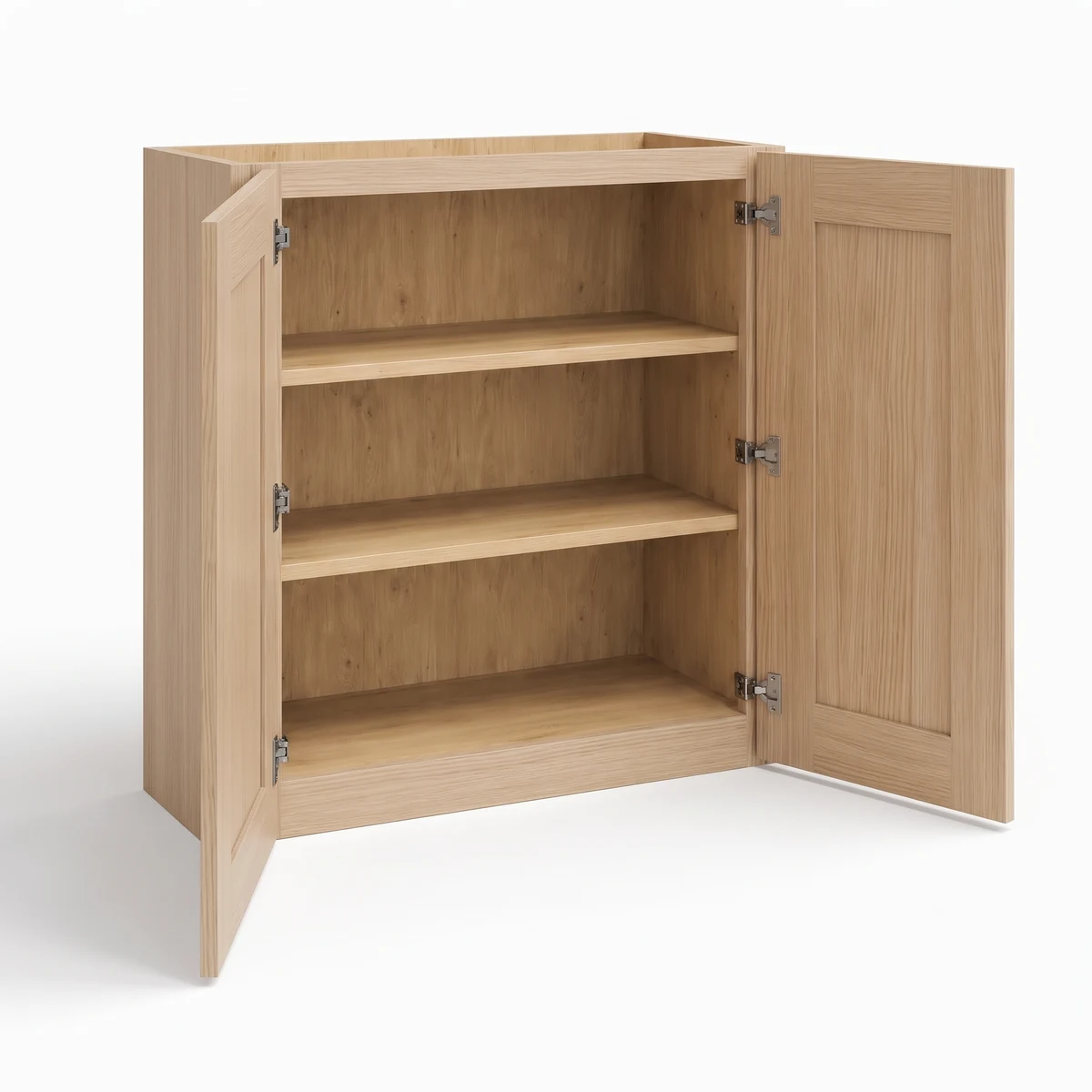 30" H Double Door Wall Cabinet — Slim Natural Oak, open